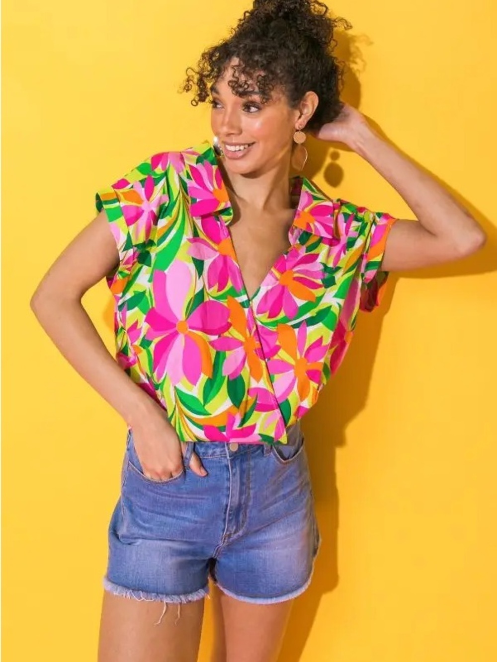 Flying Tomato Bold Floral Button-Down Top - Pink & Green